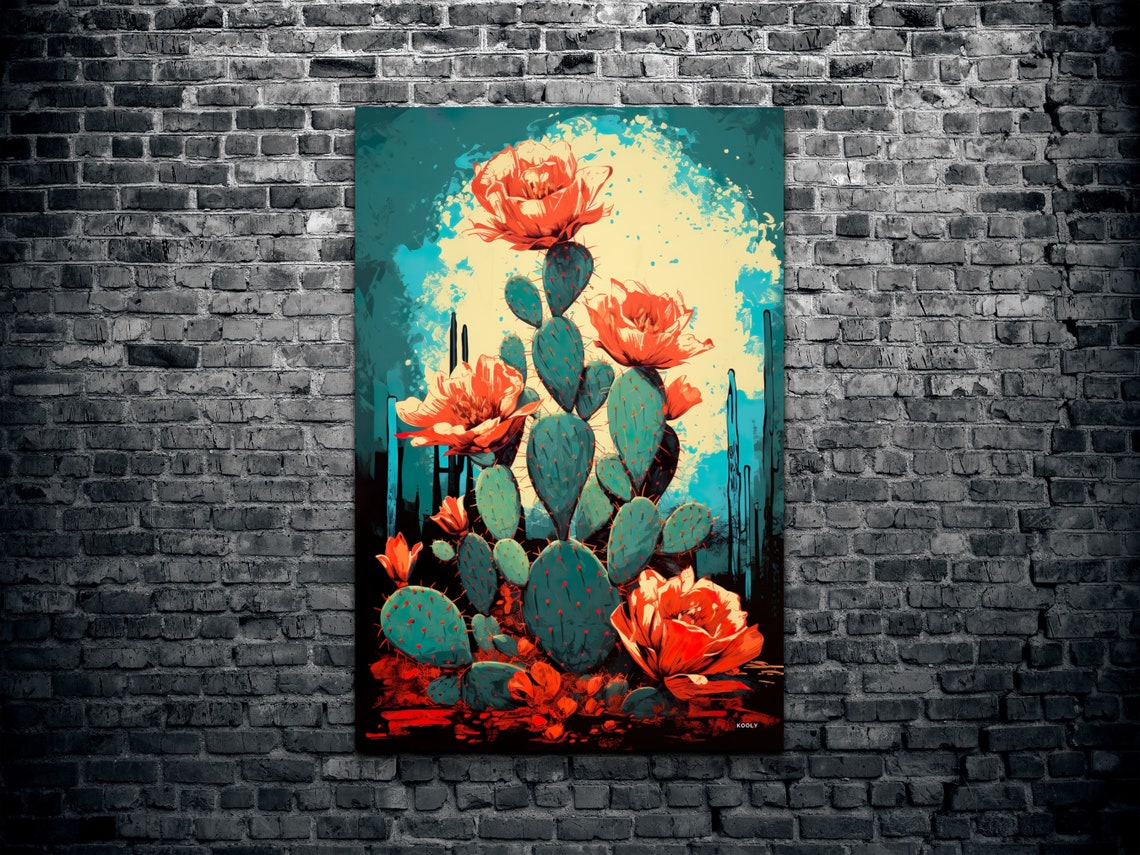 Blooming Cactus Red Flowers Teal Pop Art Desert Botanical Poster