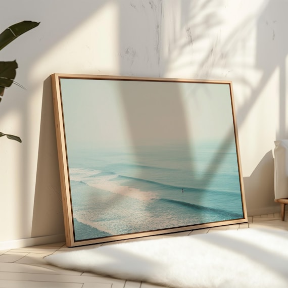 Minimalist Ocean Wave Lone Surfer Serene Blue Sea Photography Wall Art