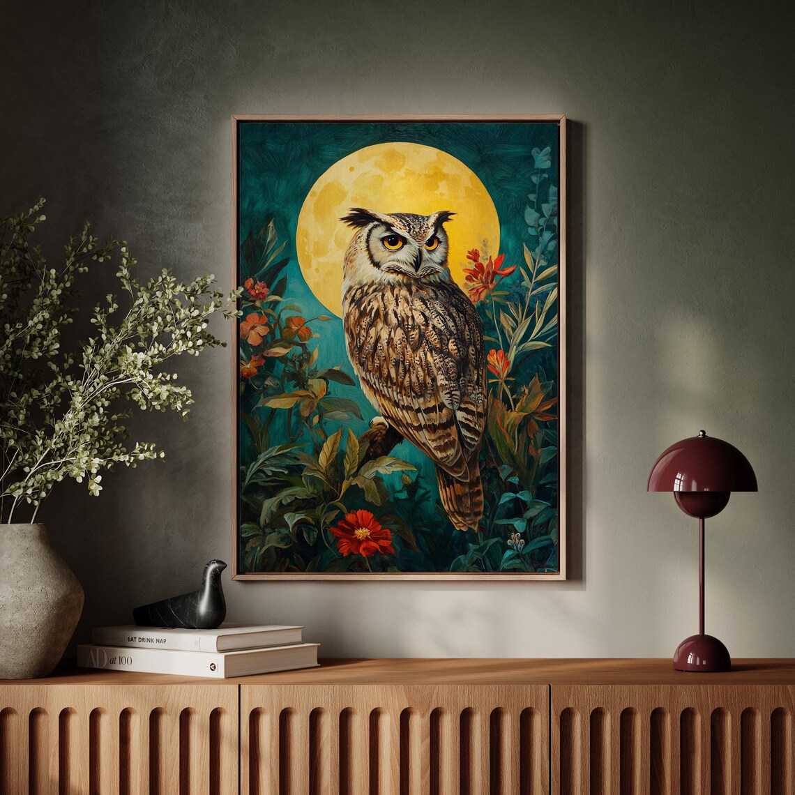 Majestic Great Horned Owl Golden Full Moon Teal Floral Night Poster - Image 7