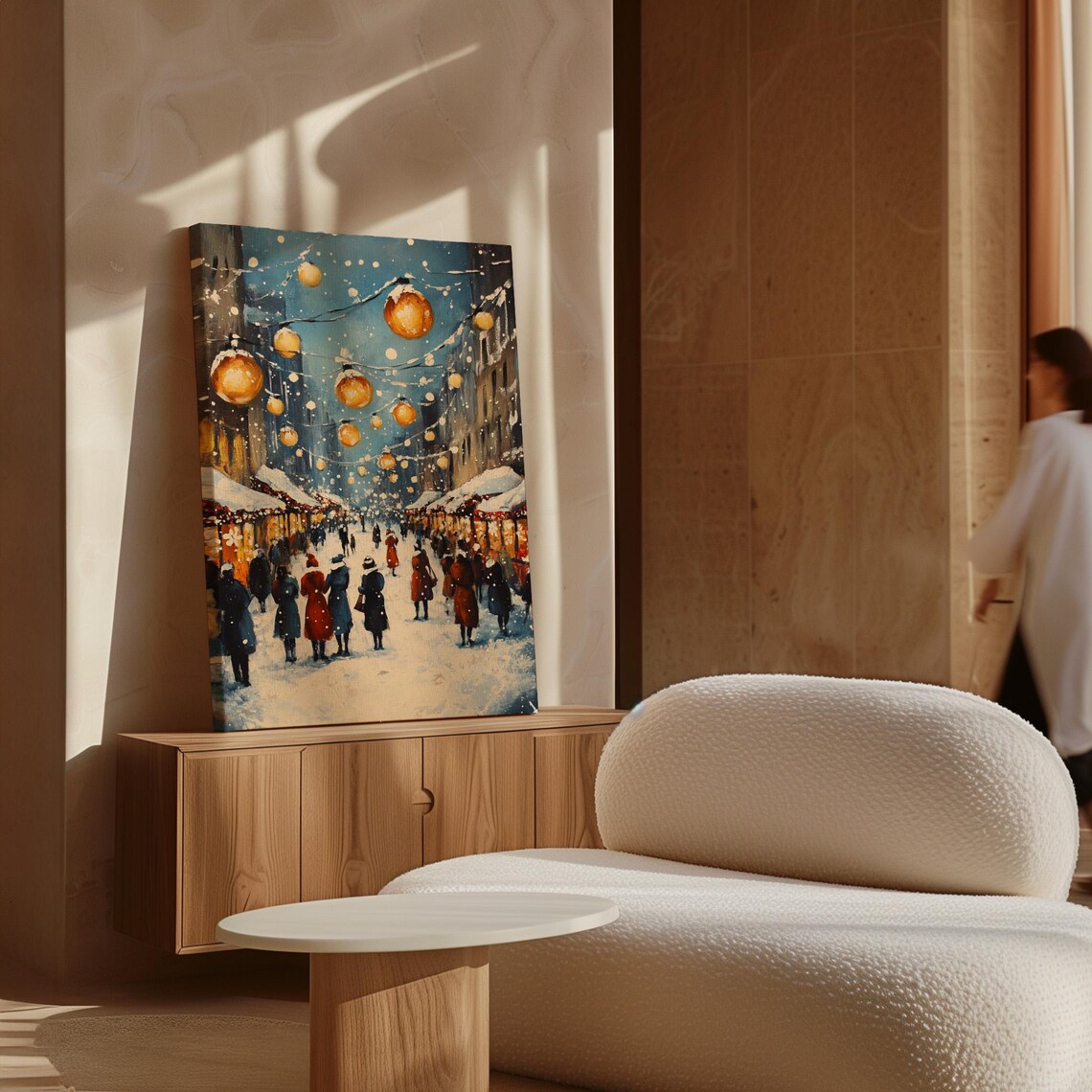 Charming Christmas Market Winter Scene Golden Lanterns Snowfall Poster - Image 7
