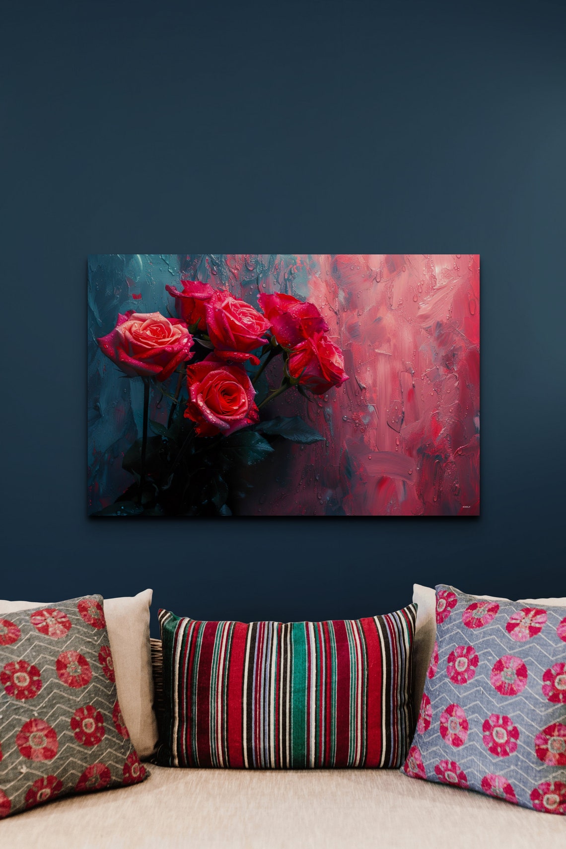 Red Roses Bouquet Against Teal And Crimson Painterly Floral Art Print