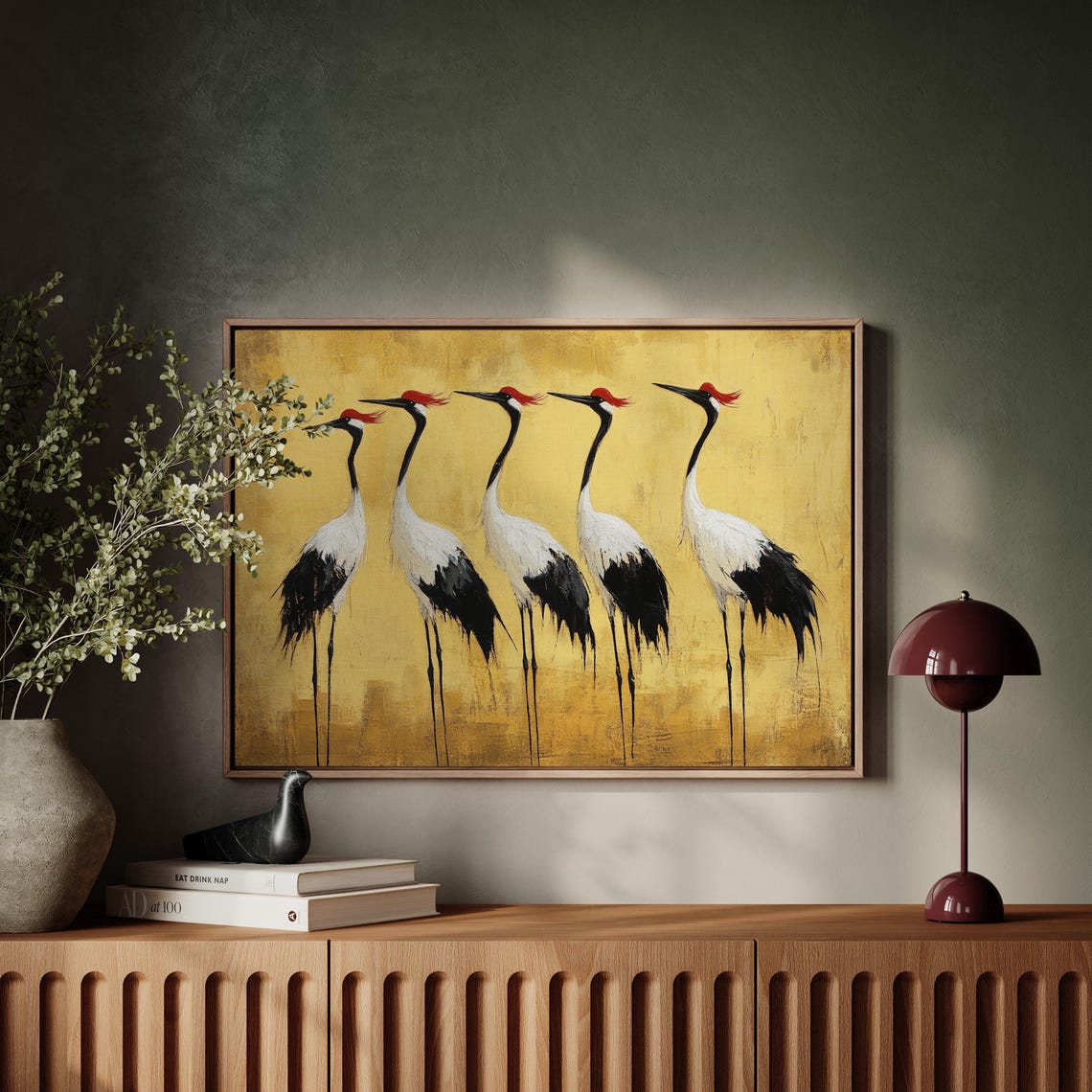 Elegant Red Crowned Cranes On Gold Minimalist Asian Style Poster - Image 6
