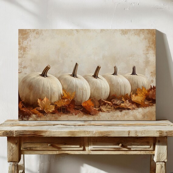 Five White Pumpkins In A Row Among Golden Autumn Leaves Fall Poster