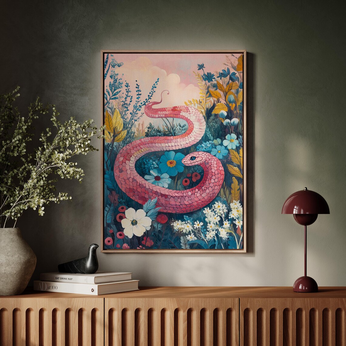Pink Snake In Blooming Floral Garden Whimsical Botanical Poster