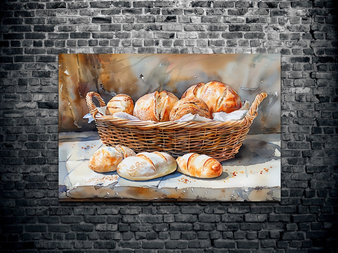 Fresh Bread Rolls in a Wicker Basket Watercolor Kitchen Poster - Image 2