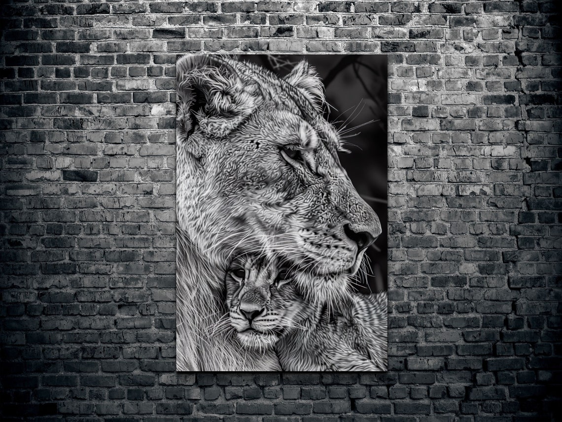 Black and White Lioness Holding Her Cub Close Wildlife Poster - Image 2