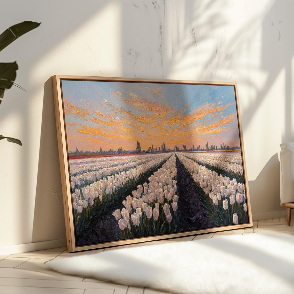Serene White Tulip Field Rows Blooming at Sunset Oil Painting Poster