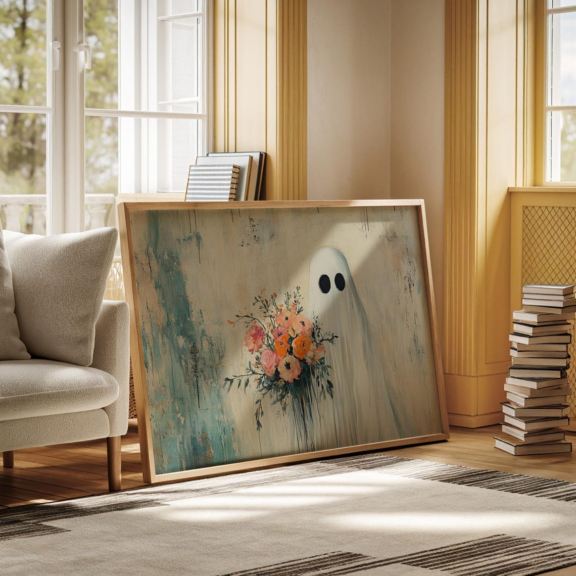 Cute Ghost Holding Flower Bouquet Spooky Halloween Art Poster