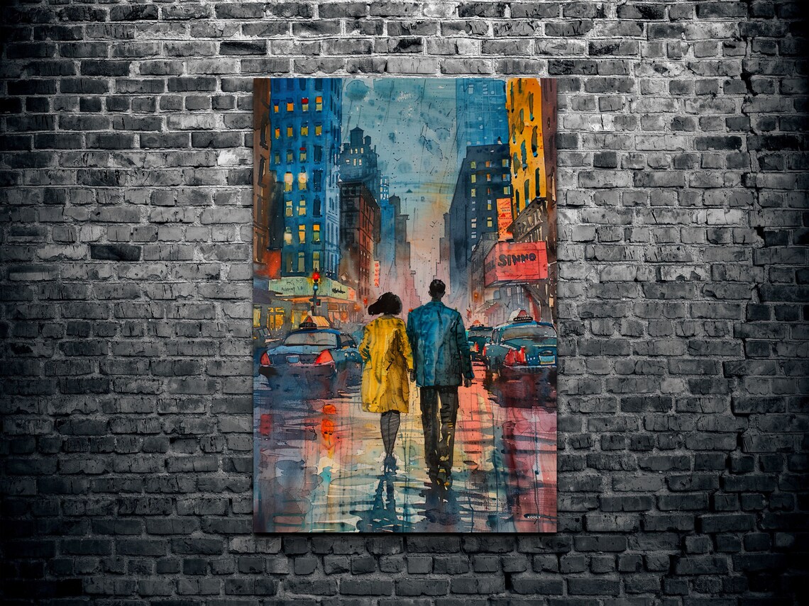Romantic Couple In New York City Rain Watercolor Cityscape Wall Art - Image 2