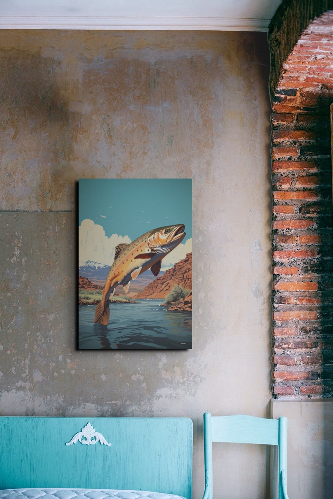 Leaping Brown Trout Over Canyon River Vintage Fishing Art Poster - Image 7