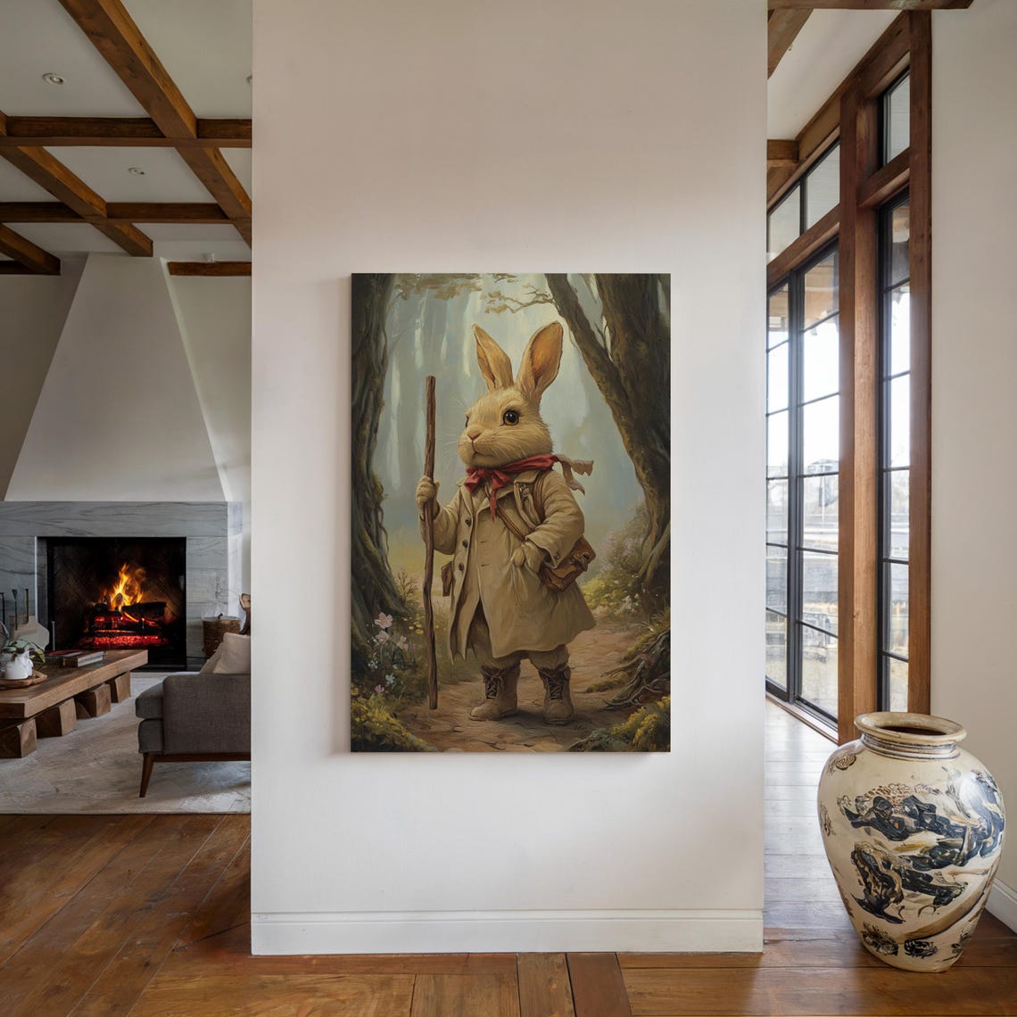 Adventurous Rabbit Traveler in Coat With Staff on Forest Path Poster - Image 4