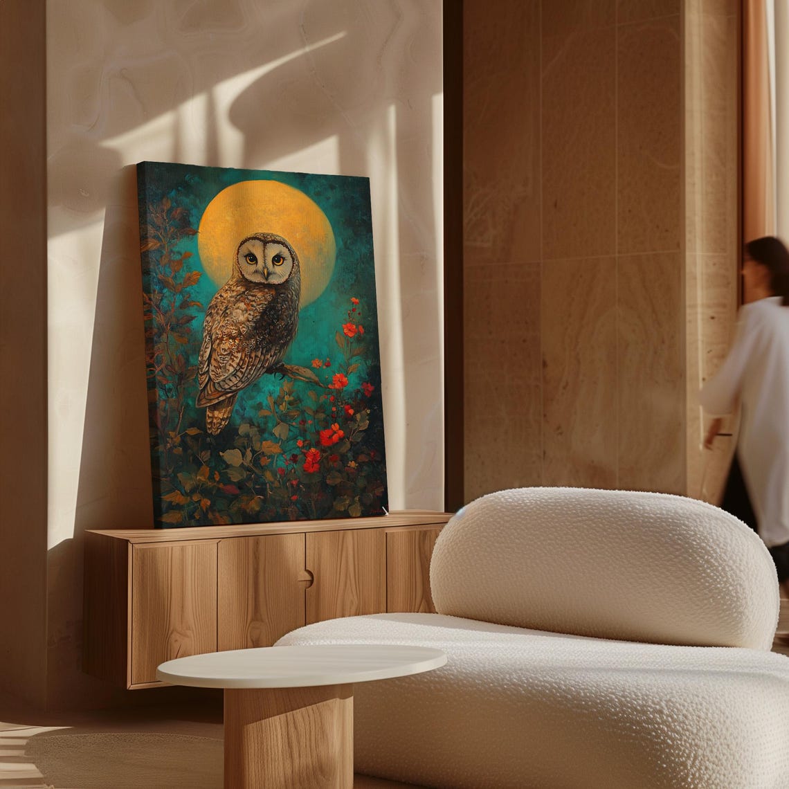 Bohemian Barn Owl Golden Full Moon Teal Red Flowers Woodland Poster - Image 5