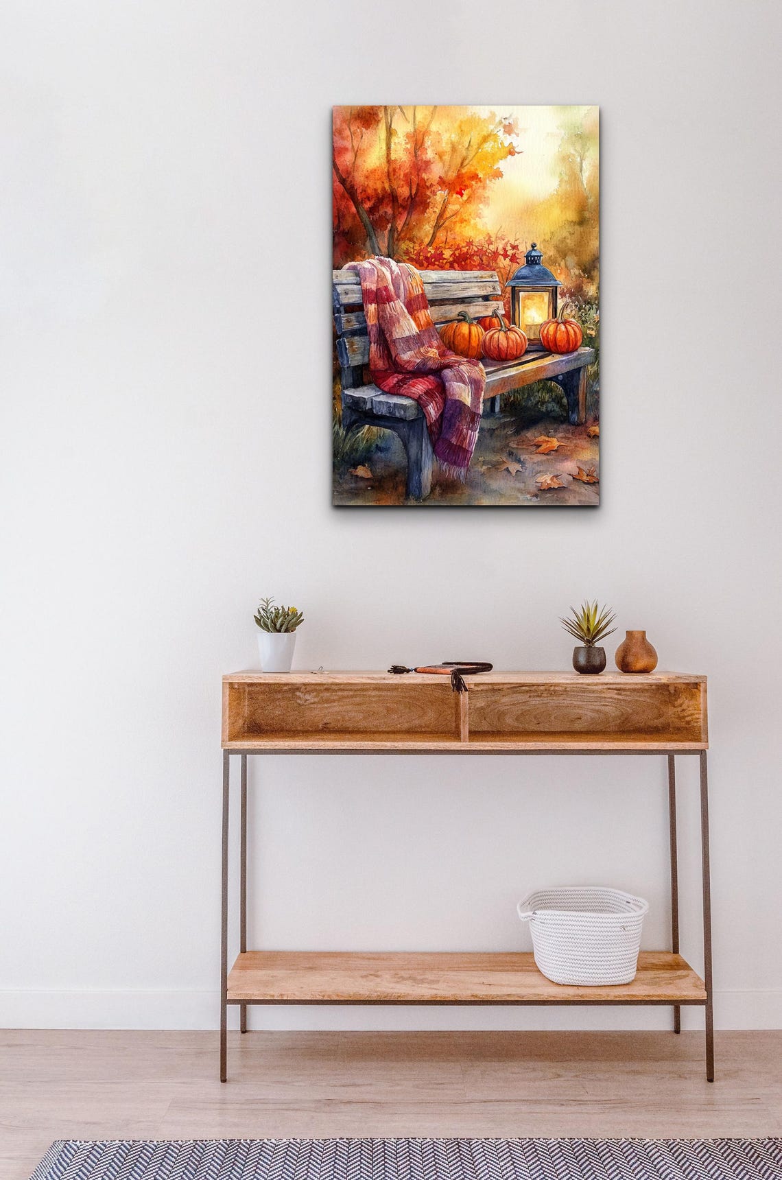 Watercolor Autumn Bench With Pumpkins Lantern and Plaid Blanket Poster - Image 3