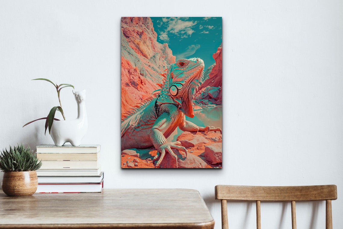 Vibrant Teal Orange Iguana Desert Rock Wildlife Reptile Poster - Image 4