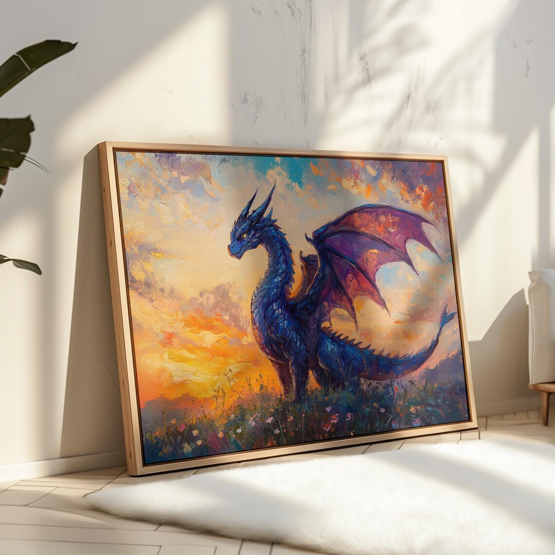 Majestic Blue Dragon at Sunset Vibrant Fantasy Oil Painting Print - Image 4