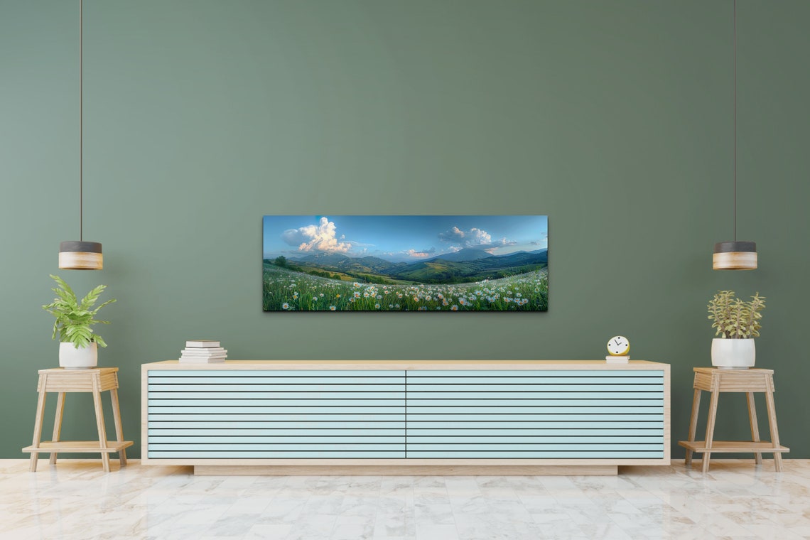 White Daisy Meadow Rolling Green Hills Mountains Dusk Panoramic Print - Image 7
