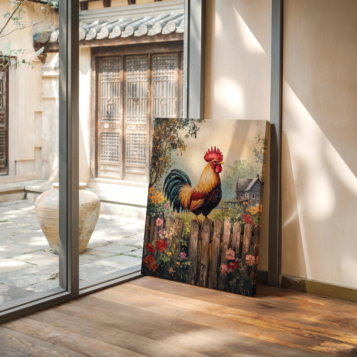 Colorful Rooster On Picket Fence Farmhouse Flower Garden Wall Art - Image 5