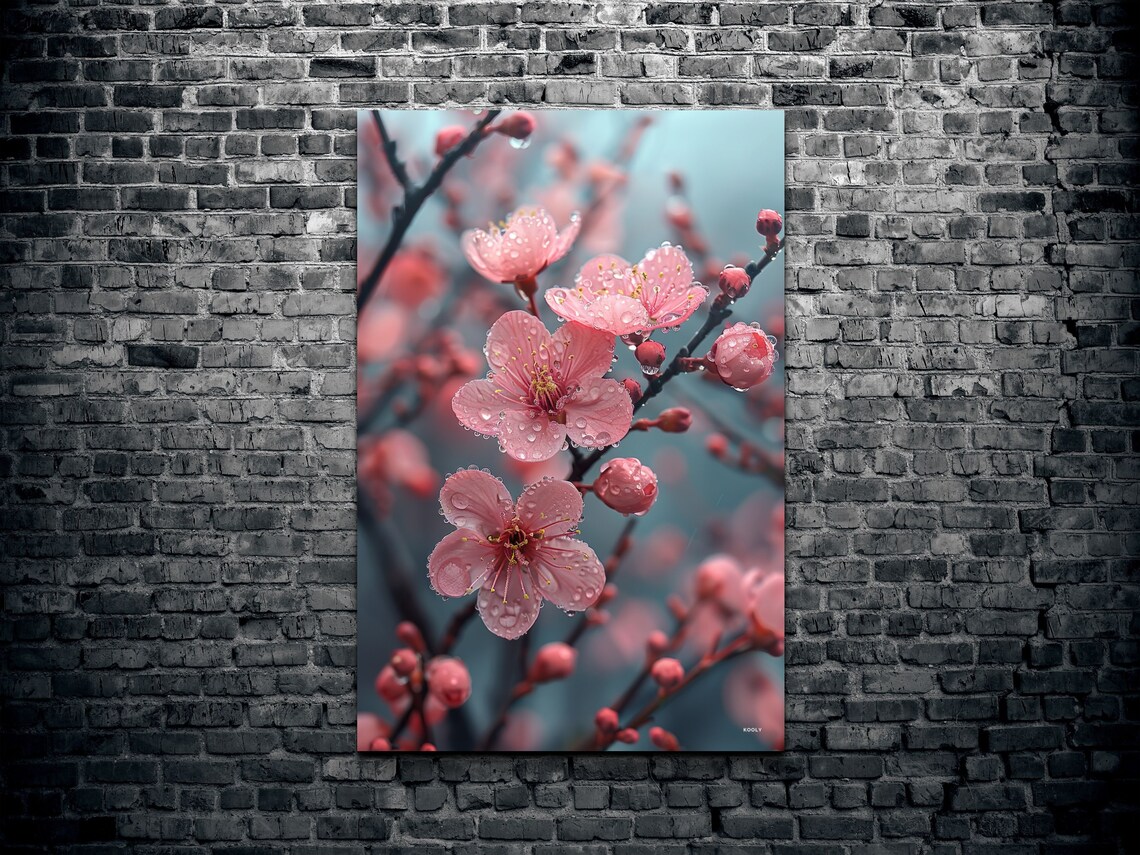Pink Cherry Blossoms Raindrops Close-Up Spring Floral Wall Art - Image 2