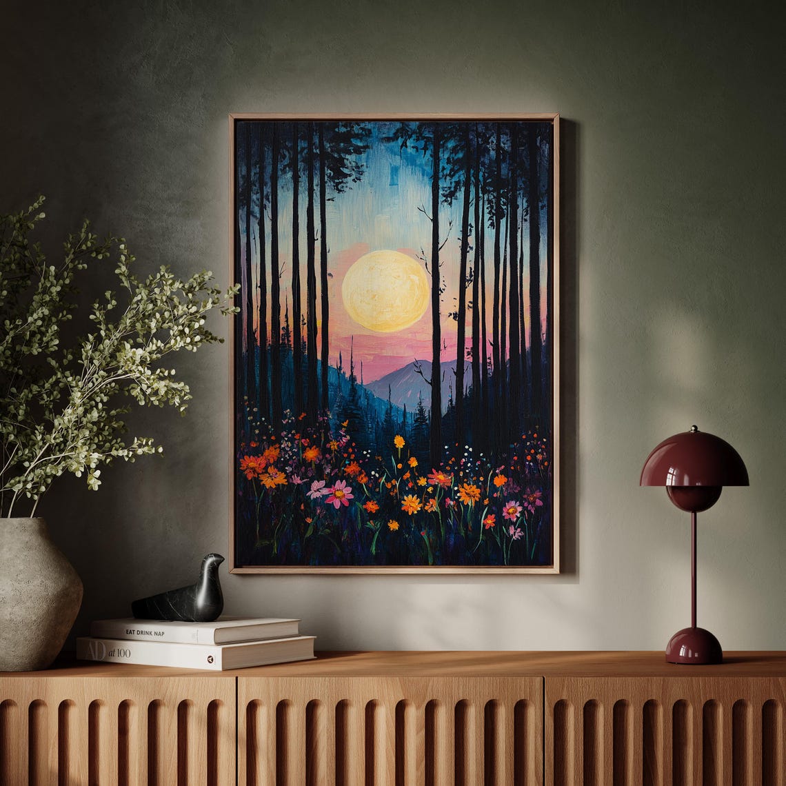 Full Moon Over Wildflower Forest Vibrant Sunset Mountain Poster - Image 7
