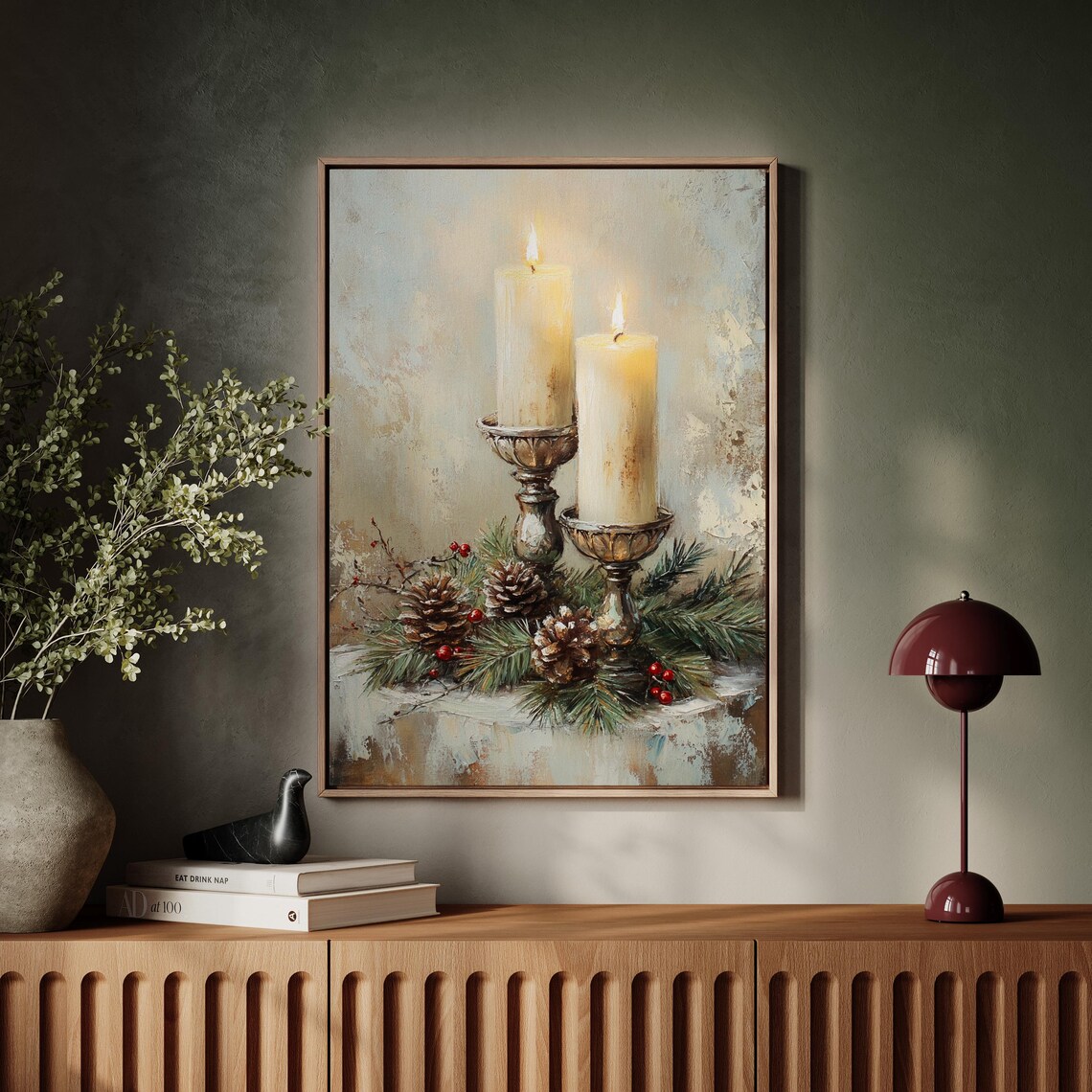 Lit Christmas Candles With Pinecones Berries Still Life Poster - Image 4
