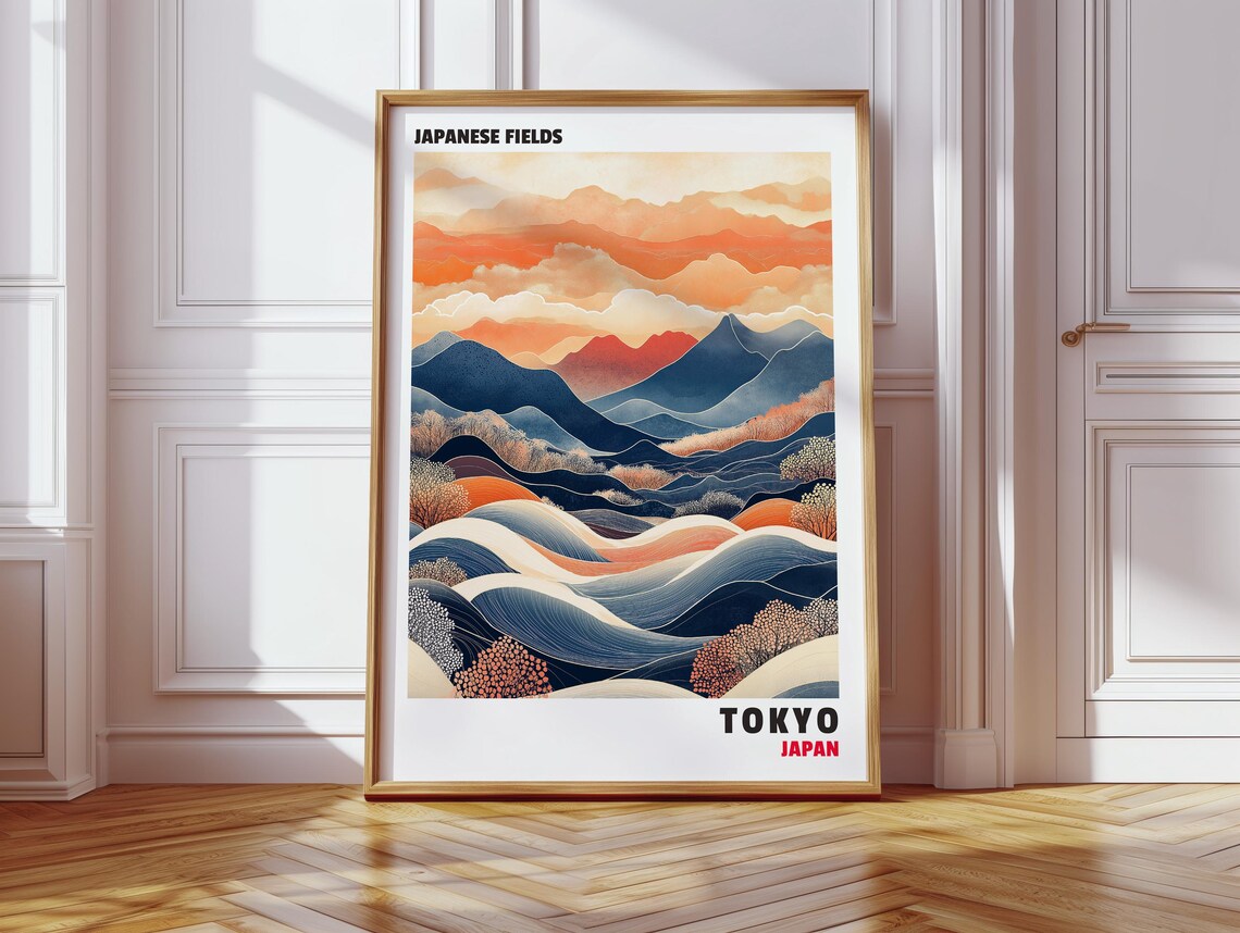 Japanese Fields Tokyo Japan Retro Layered Mountain Travel Poster - Image 4