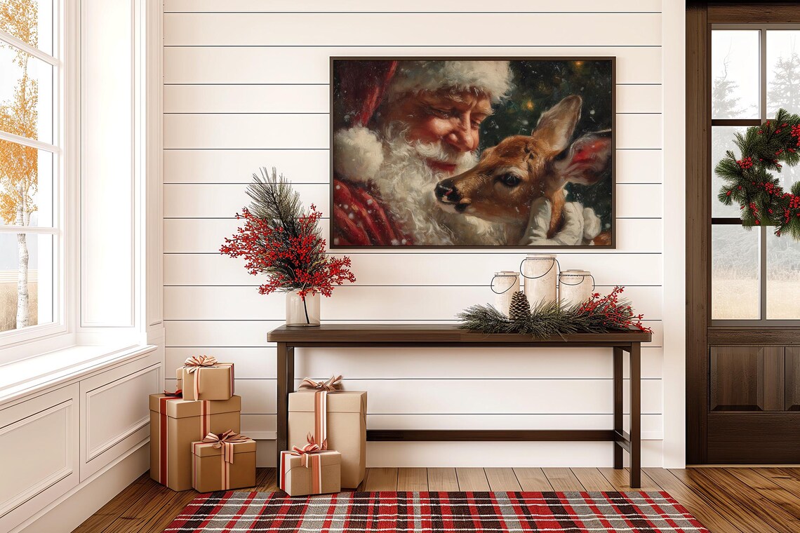 Santa With Baby Deer Christmas Wall Art Print