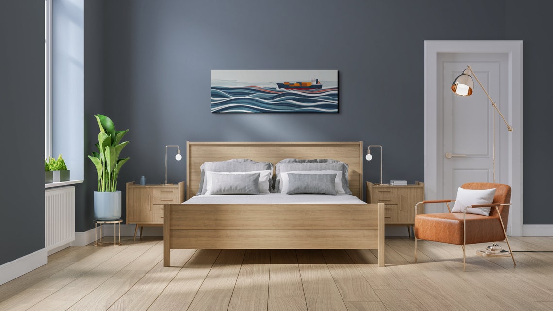 Bold Navy Cargo Ship Sailing Stylized Blue Waves Panoramic Poster - Image 6