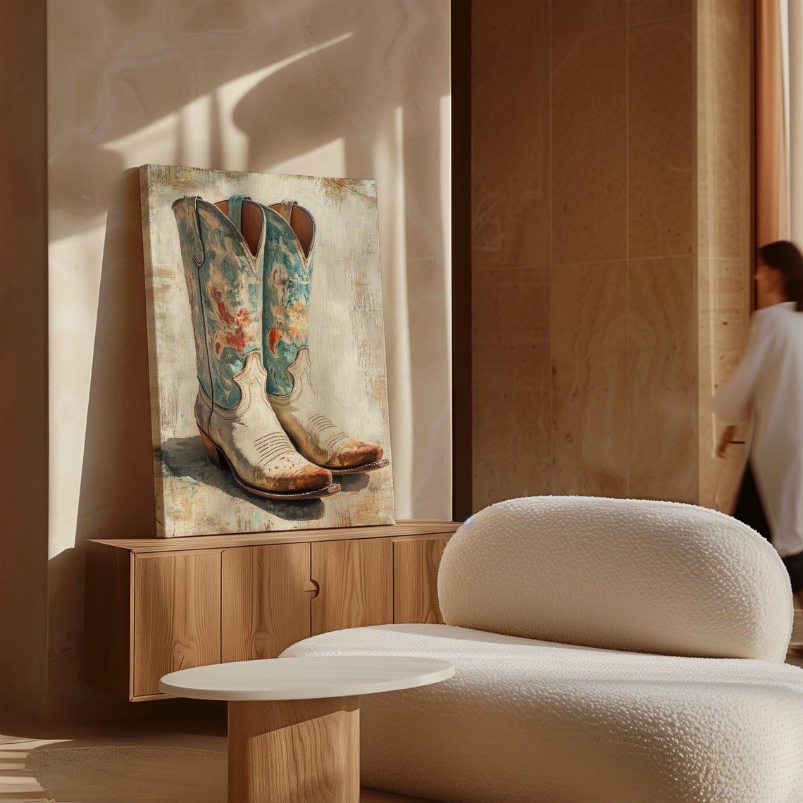 Vintage Cowboy Boots Art Rustic Western Decor Distressed Blue And White Boots Painting For Farmhouse Style - Image 3