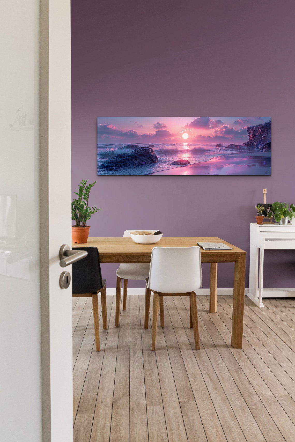 Pink Sunset Over Rocky Beach Purple Ocean Waves Panorama Wall Art - Image 6