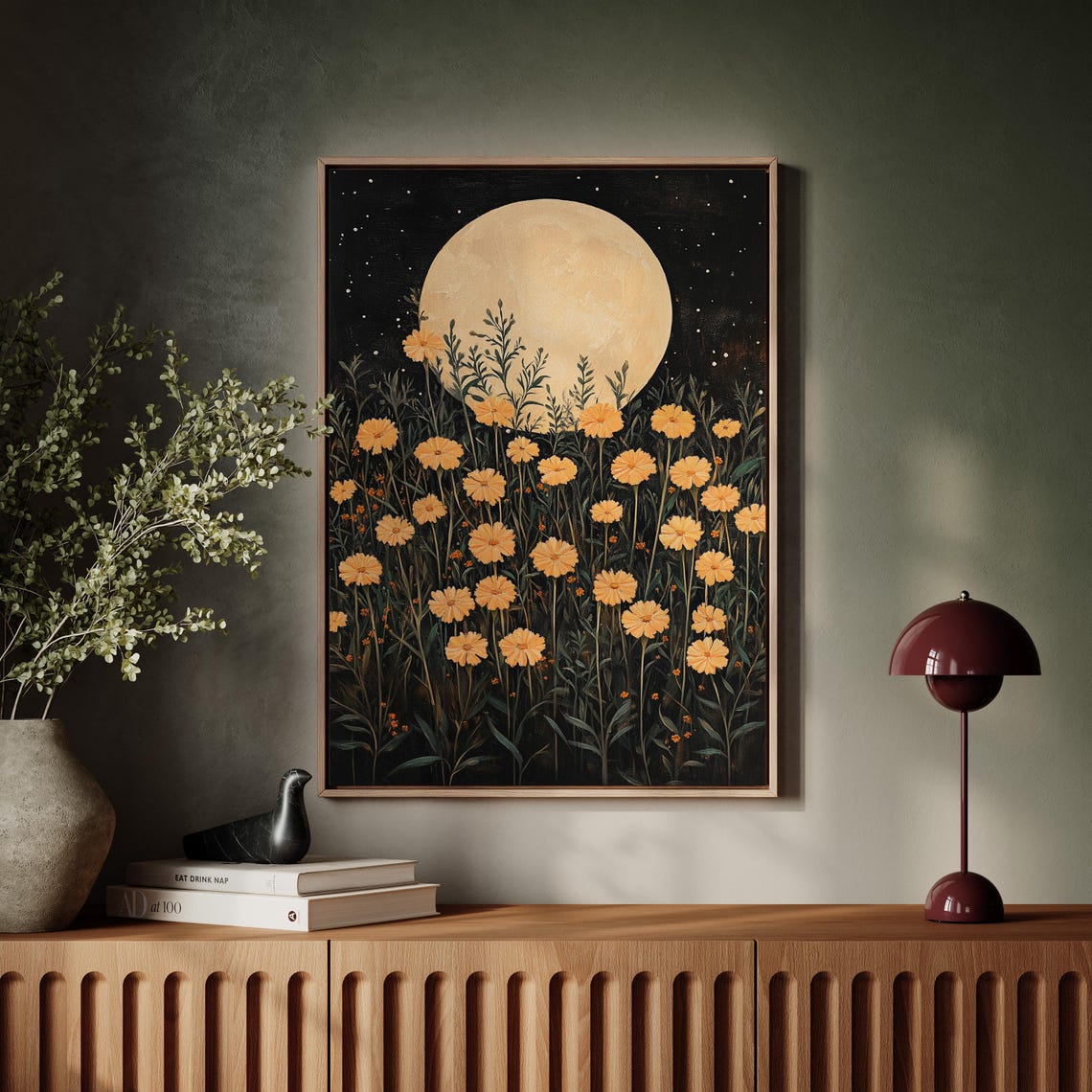 Golden Marigold Field Under Full Moon Night Sky Floral Art Poster