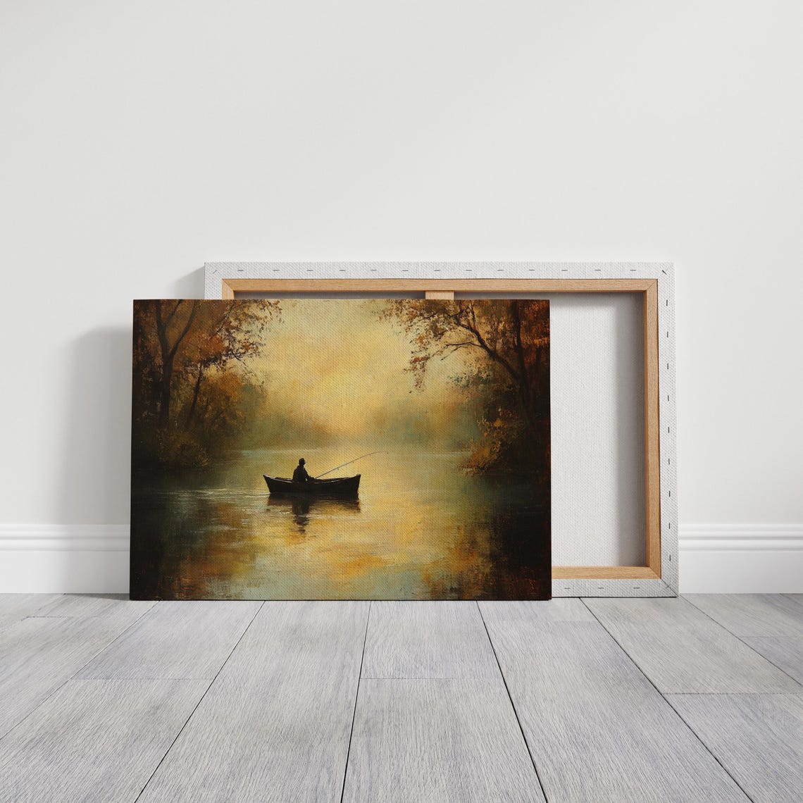 Fisherman in a Boat on an Autumn Lake with Sun Rays Tranquil Poster - Image 3
