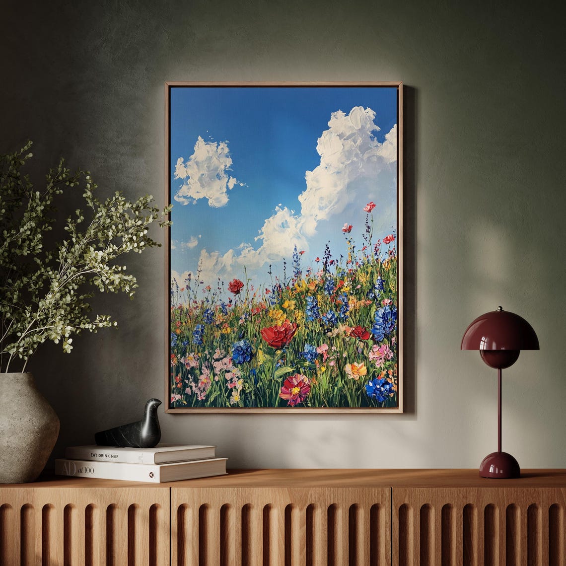 Colorful Wildflower Field Blue Sky Billowing Clouds Summer Poster - Image 6