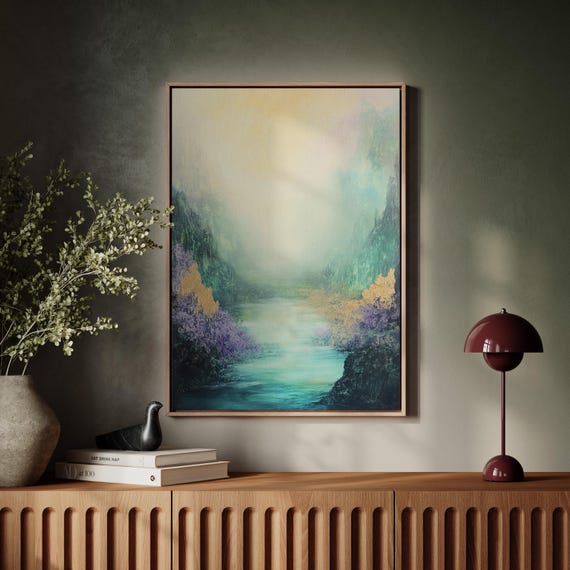 Ethereal River Valley Dreamy Misty Landscape Painting Serene Nature Wall Art In Soft Pastel Hues For Home Office