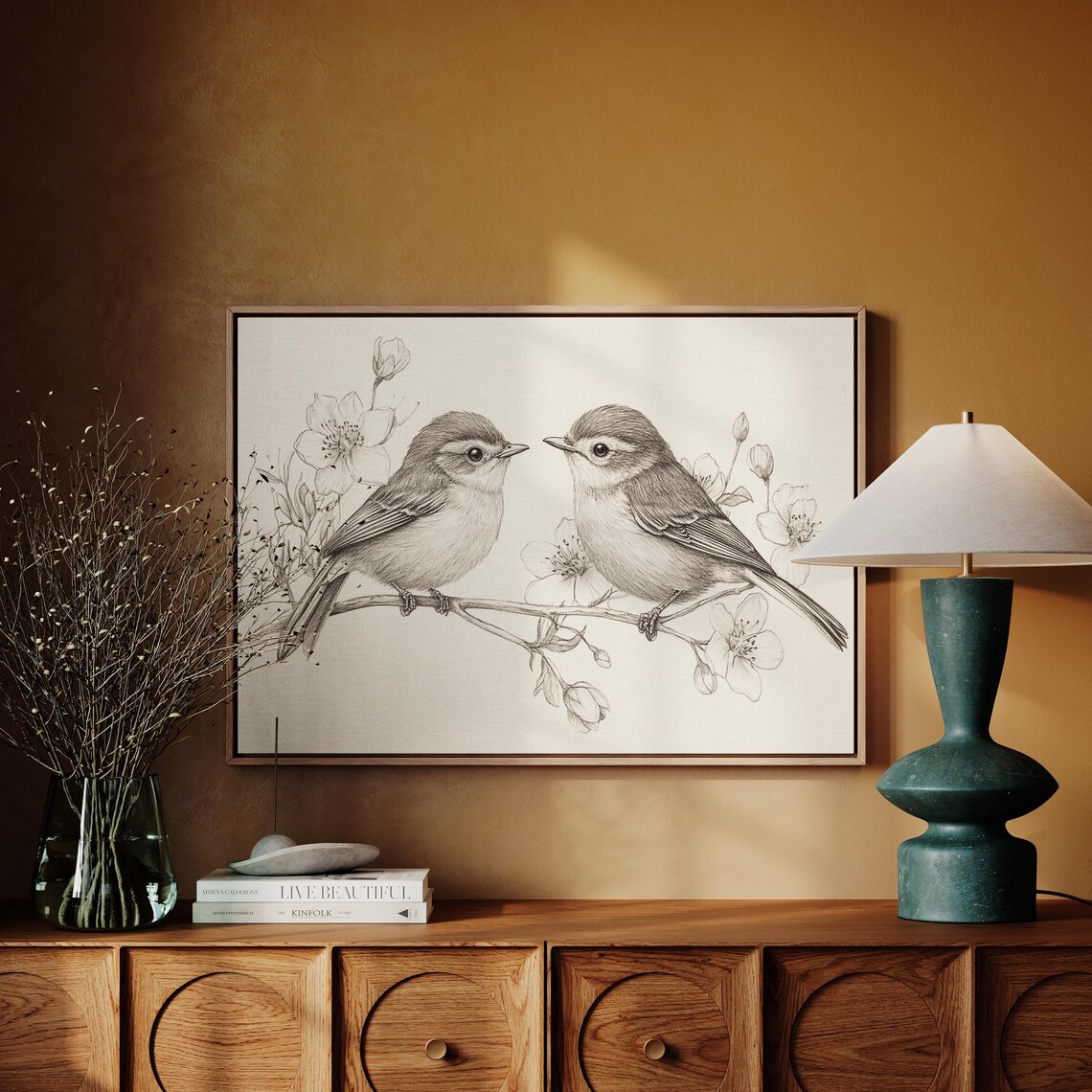 Bird Sketch Pair With Flowers, Line Drawing Art Print - Image 5