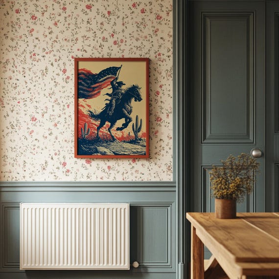 Cowboy Riding With Flag Western Art