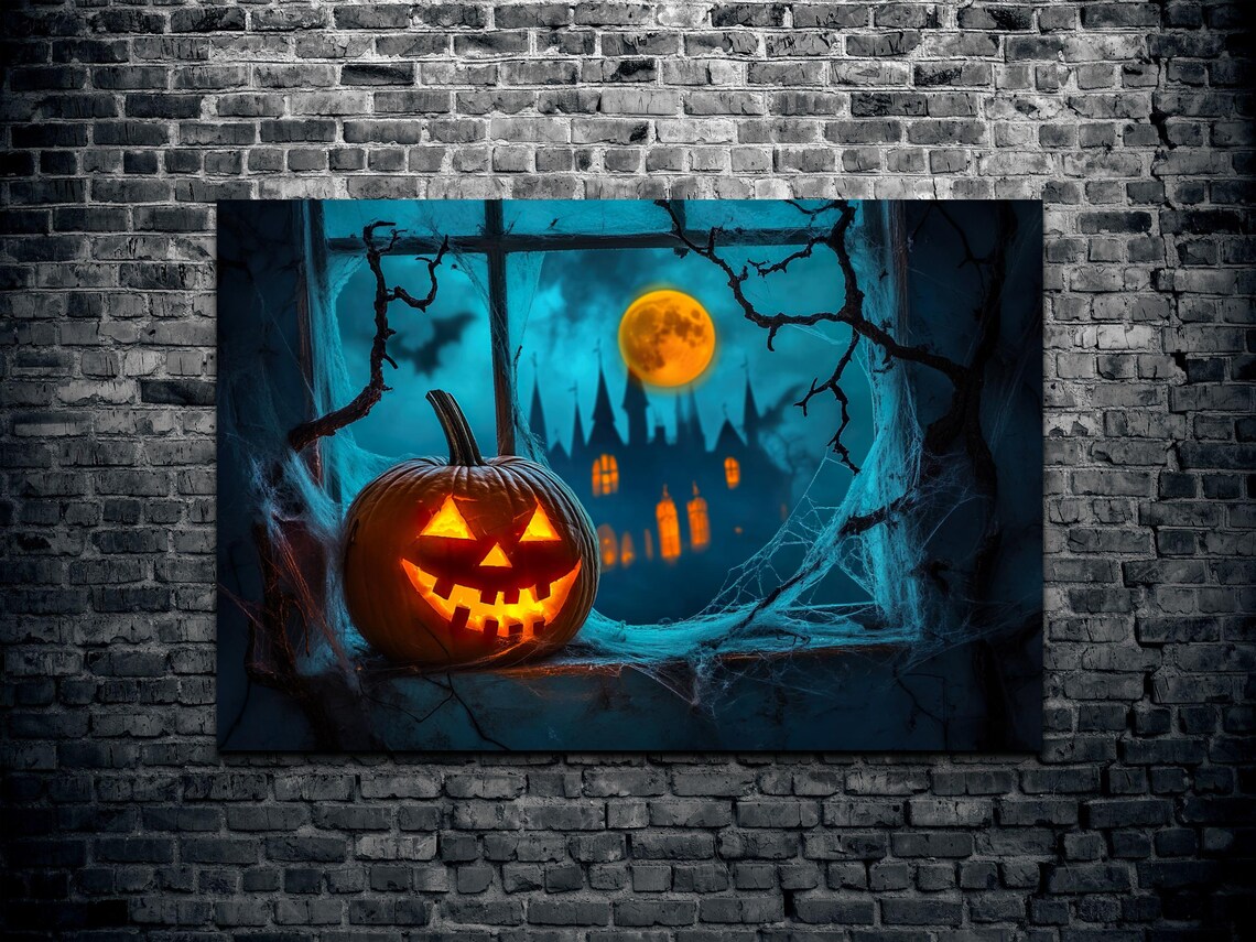 Jack O Lantern Glowing on Window Ledge Under a Teal Moonlit Night Poster - Image 2