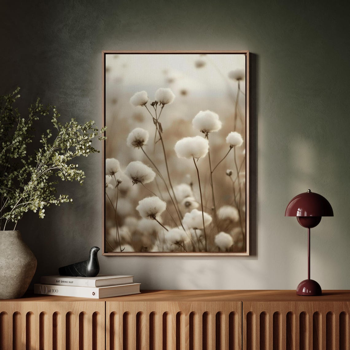 Soft Cotton Stem Flowers Neutral Farmhouse Botanical Wall Poster