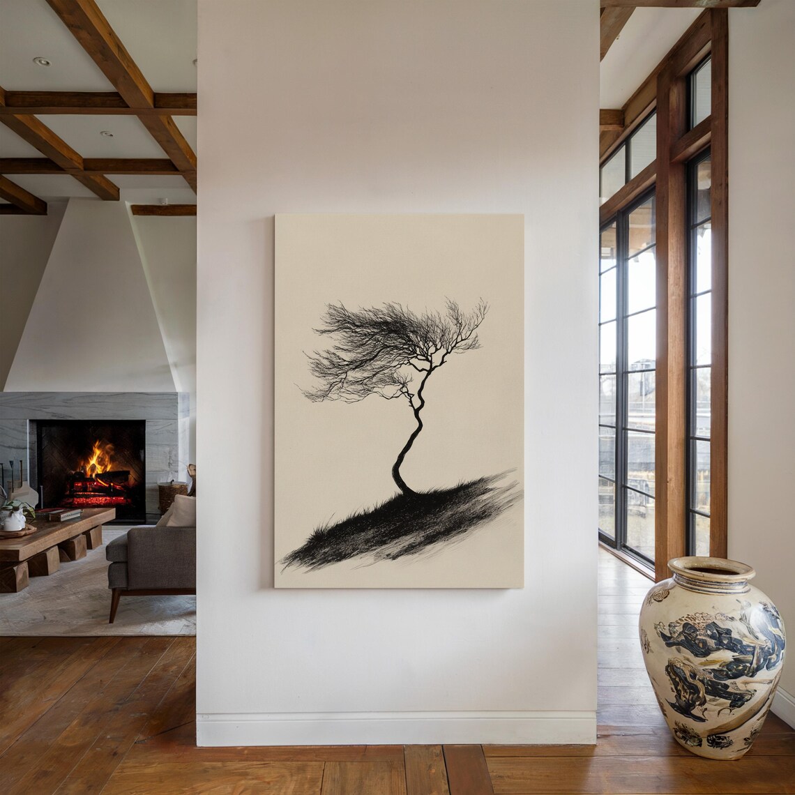Minimalist Windblown Tree, Monochrome Art Print