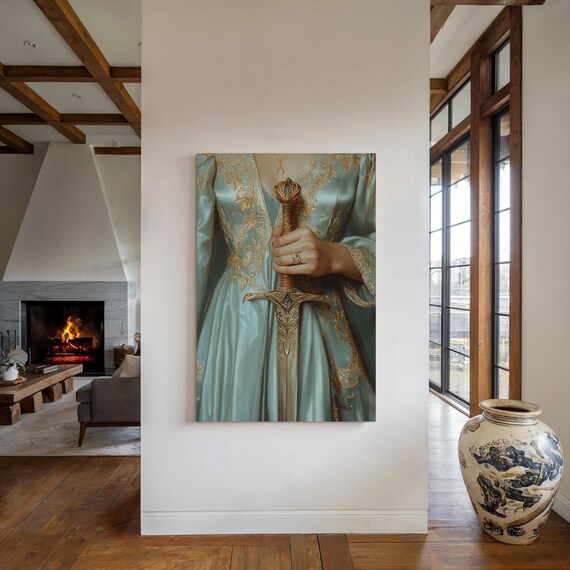 Warrior Queen in Ice Blue Gown Holding Ornate Golden Sword Poster
