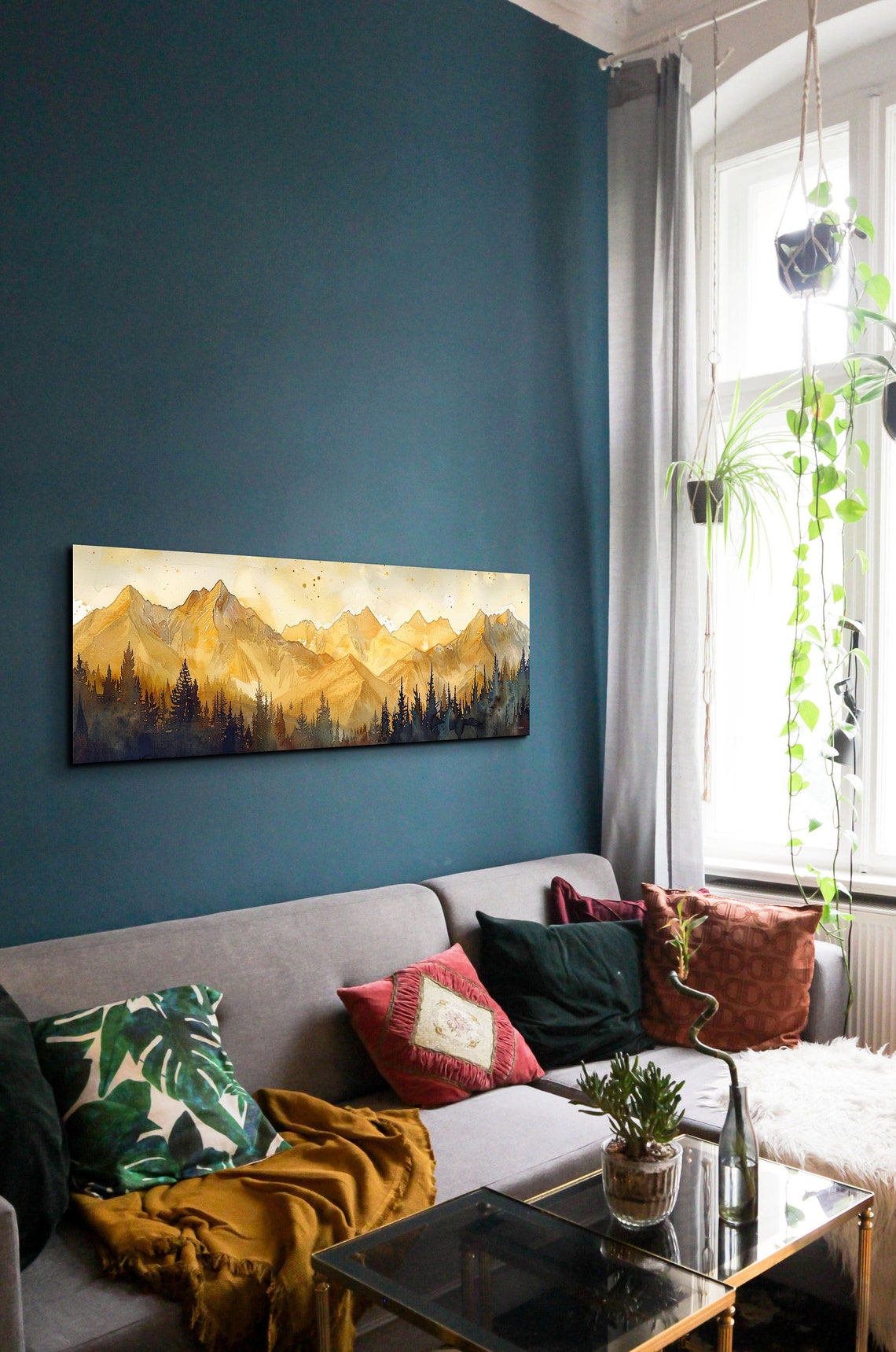 Golden Sunrise Over Mountain Peaks Panoramic Watercolor Poster - Image 5