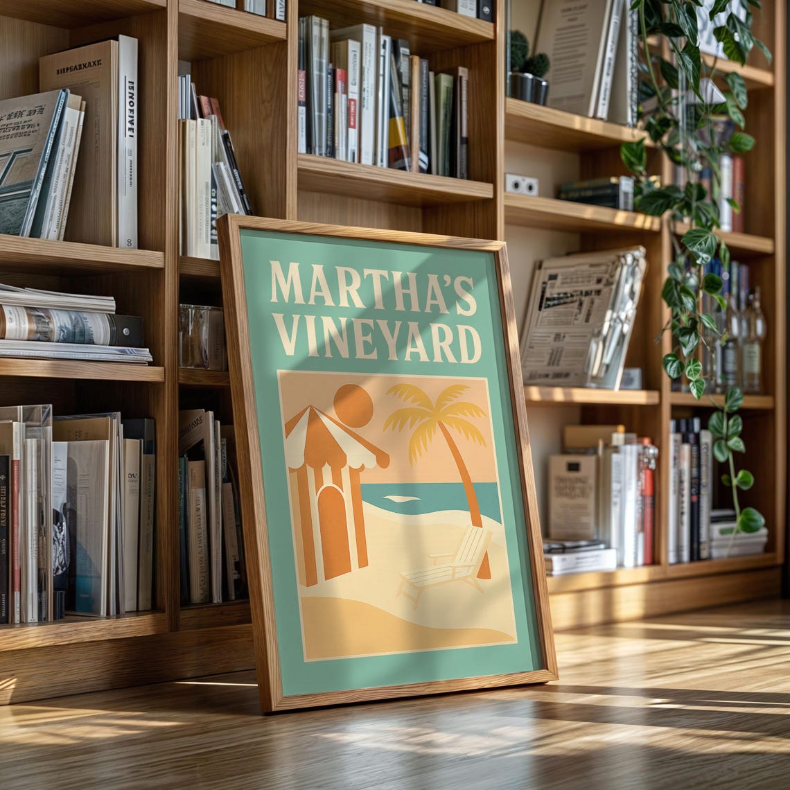 Martha's Vineyard Retro Coastal Travel Poster Teal Beach Hut Art