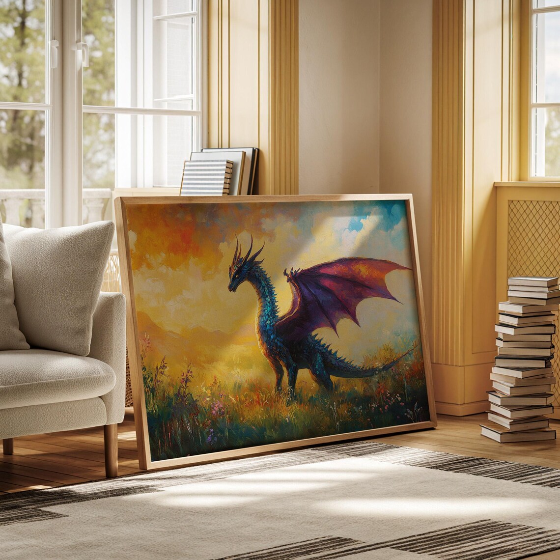 Teal Dragon with Magenta Wings Golden Meadow Fantasy Art Print - Image 3