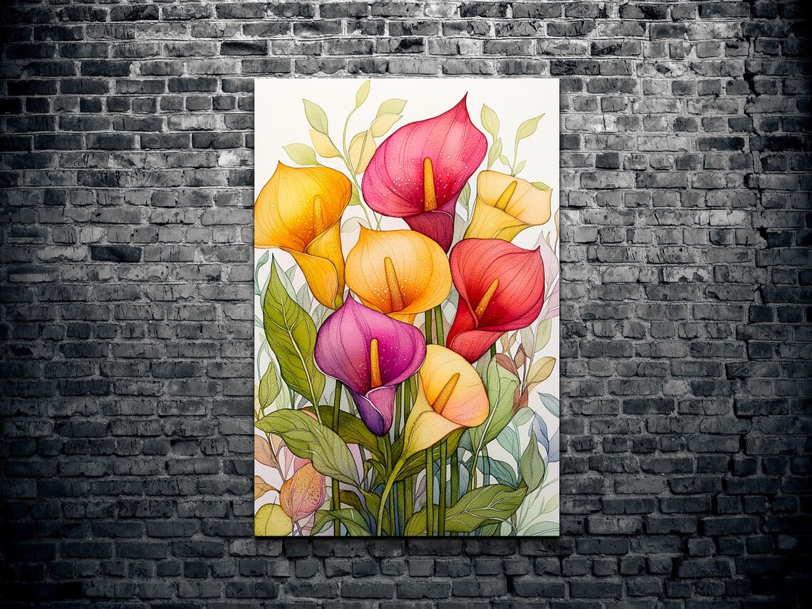 Colorful Calla Lilies On White Botanical Watercolor Art Poster - Image 2
