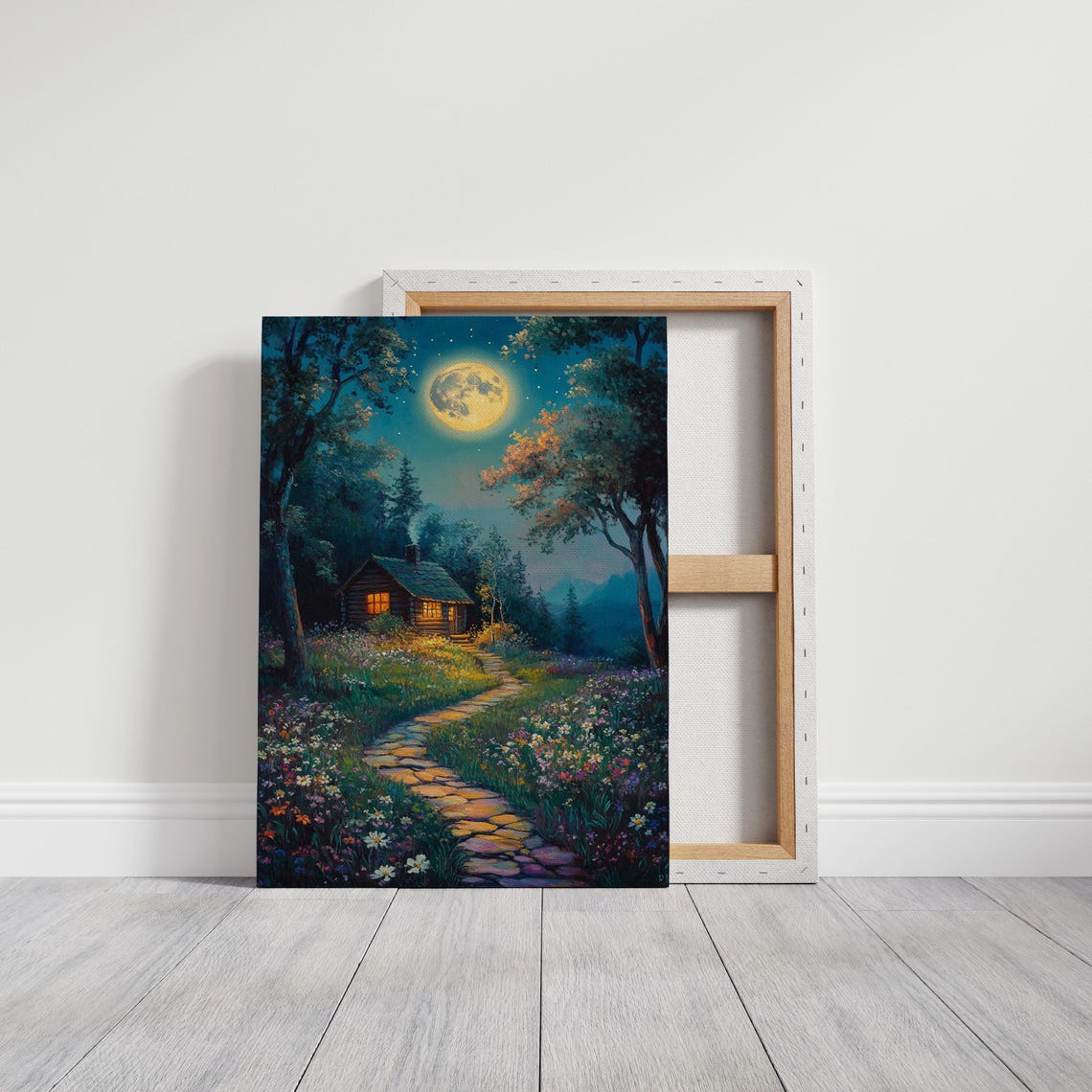 Moonlit Cabin Glowing Windows Stone Path Wildflower Night Poster - Image 3