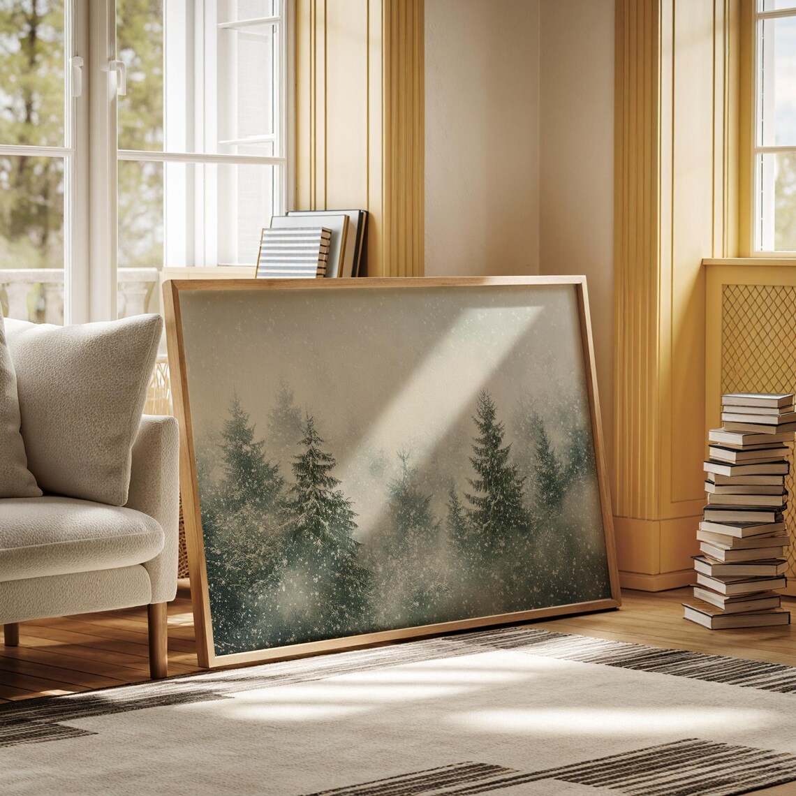 Misty Green Pine Forest In Falling Snow Soft Watercolor Winter Poster - Image 5