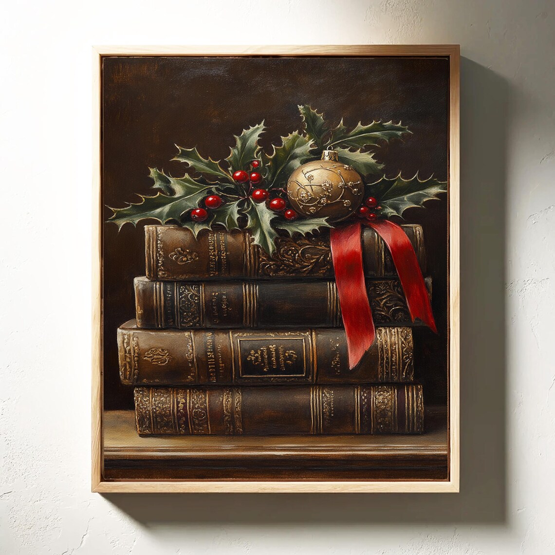 Vintage Christmas Books With Holly Ornament and Ribbon Art Print - Image 6
