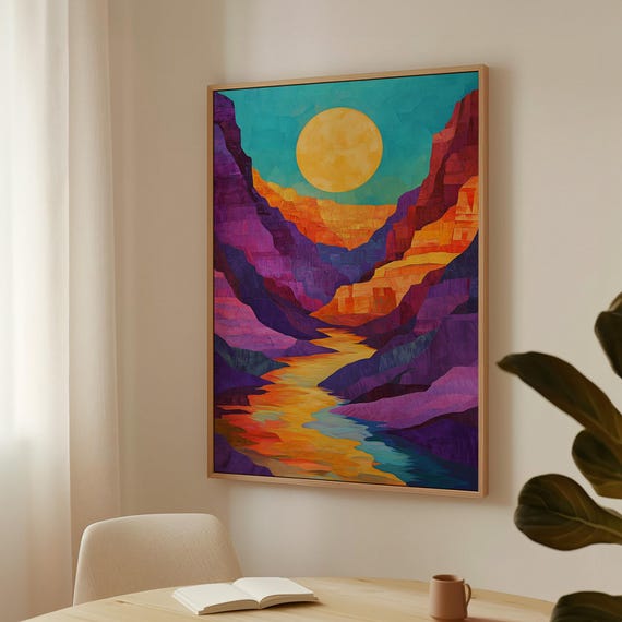 Sunset Canyon River Vibrant Abstract Landscape Art Colorful Southwest Wall Decor With Bold Geometric Design