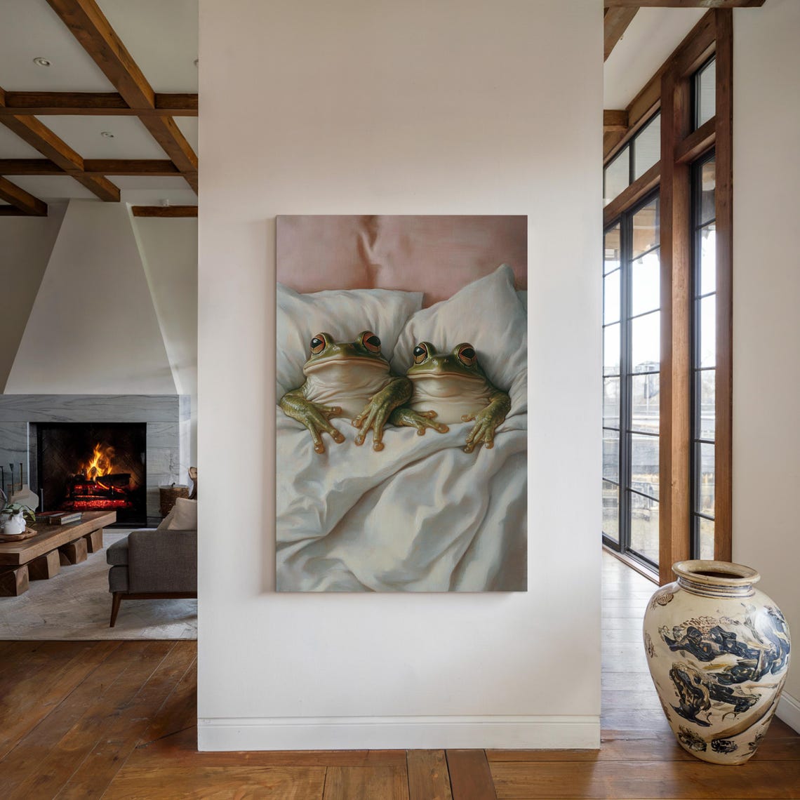 Cozy Frog Pair Snuggled In White Bed Quirky Cute Animal Poster - Image 5
