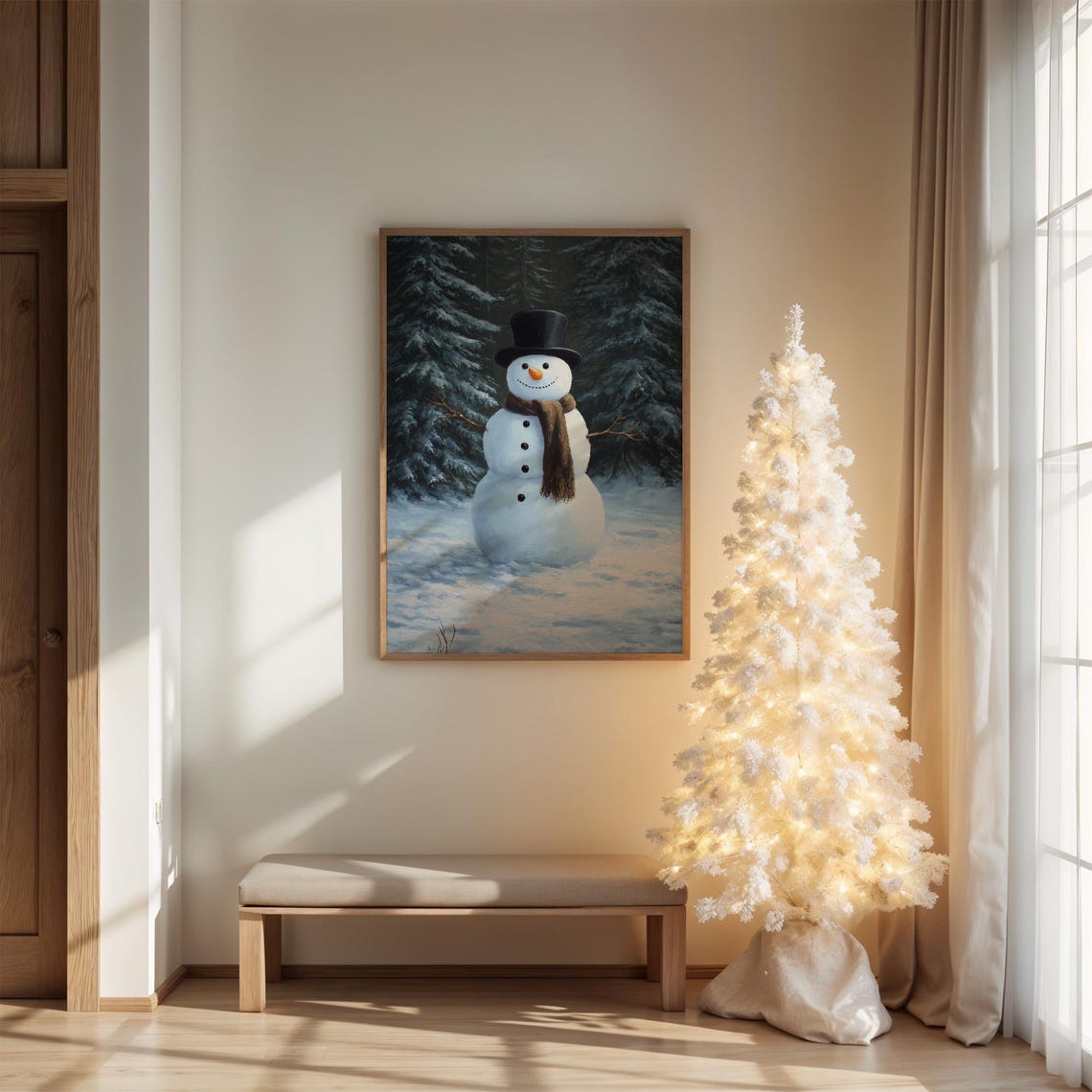 Classic Snowman With Top Hat In Snowy Pine Forest Winter Poster