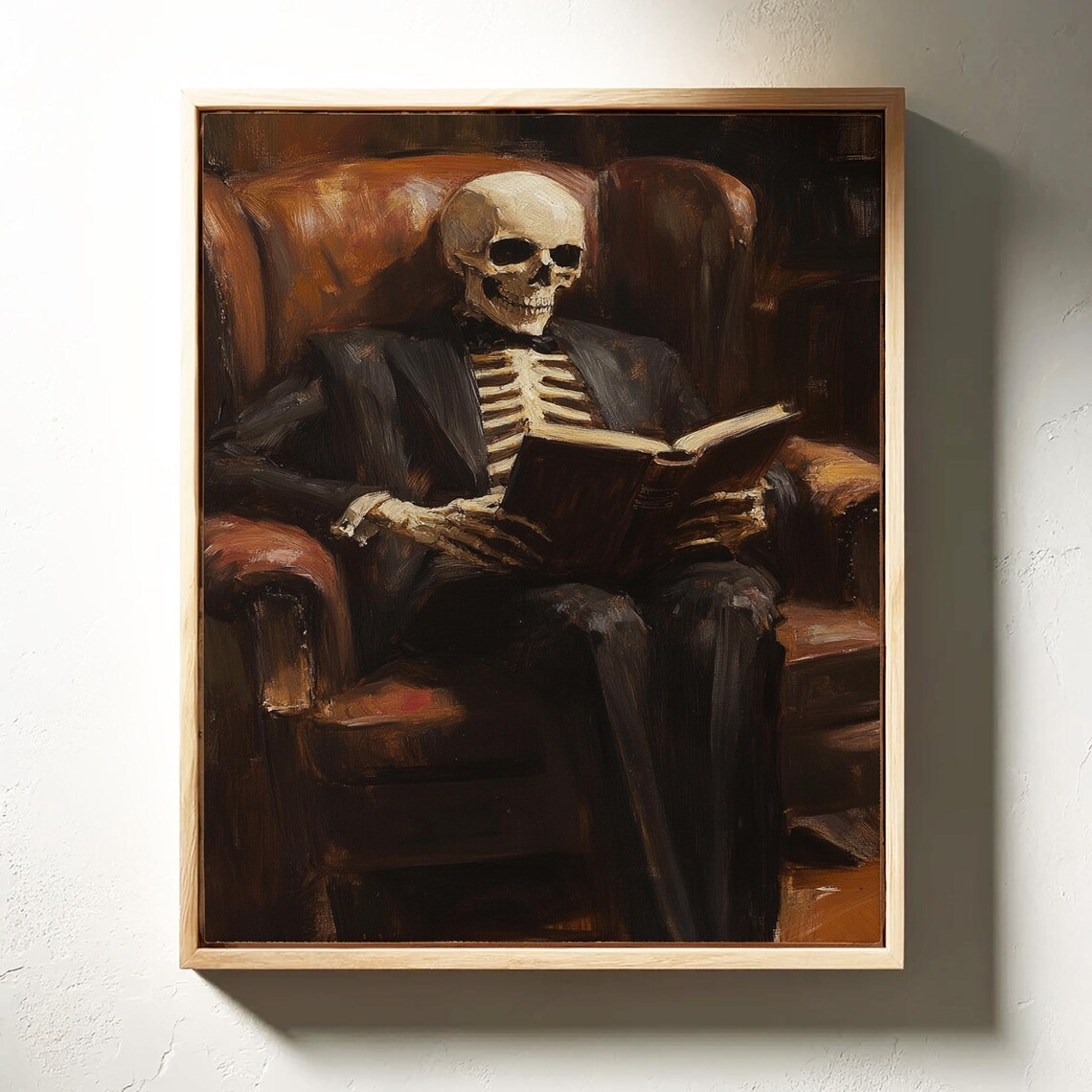 Skeleton Gentleman Reading a Book in a Leather Armchair Art Poster - Image 4
